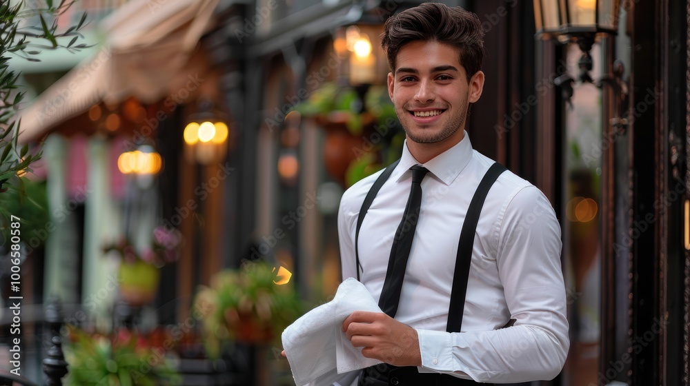 Fototapeta premium Smiling Waiter Outside Restaurant