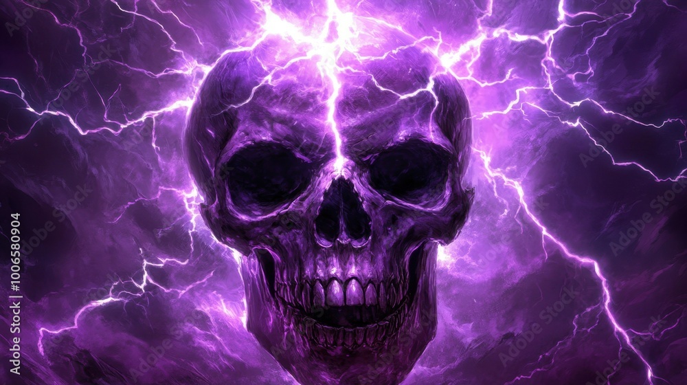Fototapeta premium Haunted purple skull with electric lightning strikes in the background, creating an eerie, electrifying wallpaper