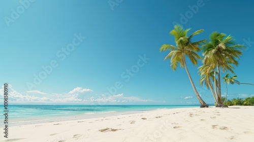 Serene Beach with Palm Trees and Clear Blue Sky