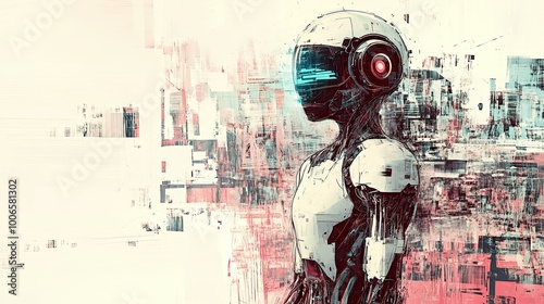 A humanoid robot stands confidently in an abstract, colorful digital environment, embracing twilight
