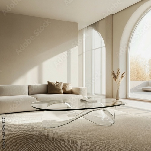 Minimalist Living Room with Elegant Curved Glass Coffee Table