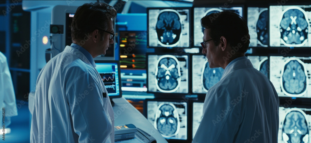 Two doctors are looking at a computer screen with many images of the brain Two doctors are looking at a computer screen with many images of the brain