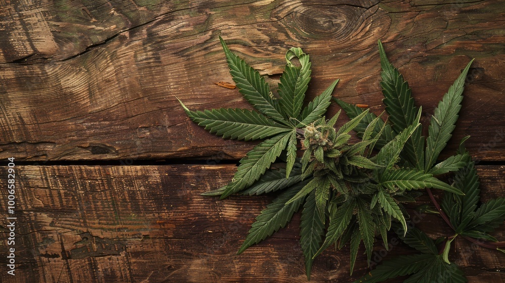 A leafy green marijuana plant is on a wooden surface A leafy green marijuana plant is on a wooden surface
