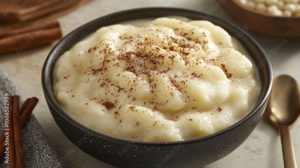 Bowl of creamy hominy with milk and cinnamon, a warm, rustic kitchen setting Bowl of creamy hominy with milk and cinnamon, a warm, rustic kitchen setting