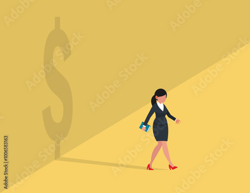 Personal success and financial prosperity. Business woman with his shadow that is a symbol of money.