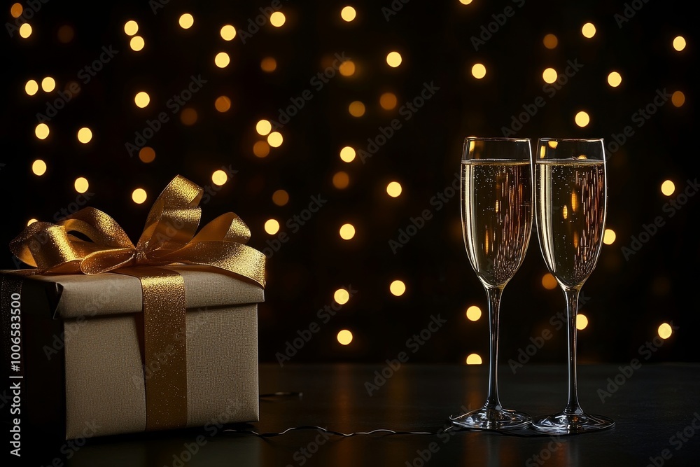 Two glasses of champagne with gold ribbon and gift on background. Two glasses of champagne with gold ribbon and gift on background.