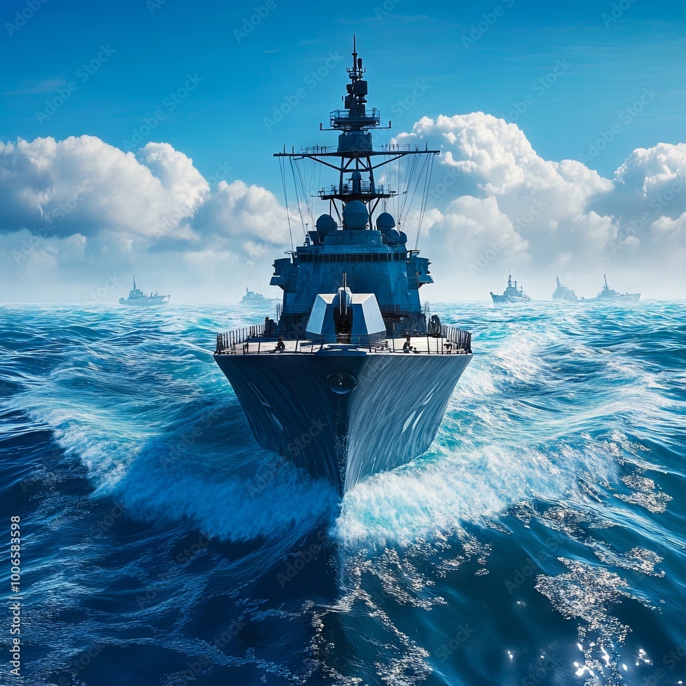 A large battleship in the middle of a large body of water A large battleship in the middle of a large body of water