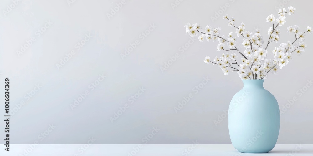 Photo of a blue ceramic vase with light gray flowers on a white background