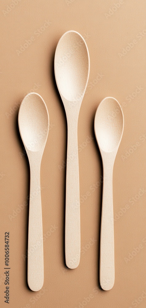 Top view of three minimalist brown spoons arranged on a brown background, showcasing simple and elegant kitchenware design.