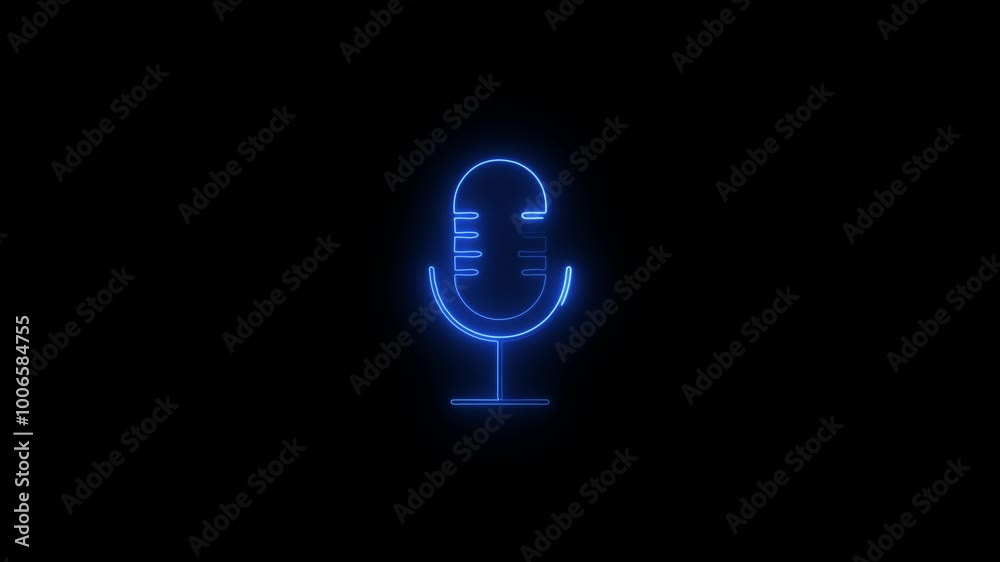 Glowing Neon Microphone icon animation. Glowing microphone icon for podcast, stand up or music show emblem concept. Glowing Neon Microphone icon animation. Glowing microphone icon for podcast, stand up or music show emblem concept.
