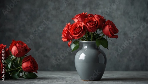 A vase of red roses on grey background