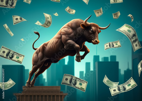 Stock market bull jumping high on building sky and money floating background. Financial security, wise investment, fierce stock market. photo