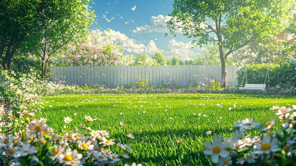 Obraz premium A park scene in the distance: a wide green lawn with a white low fence in the background, adorned and surrounded by many flowers