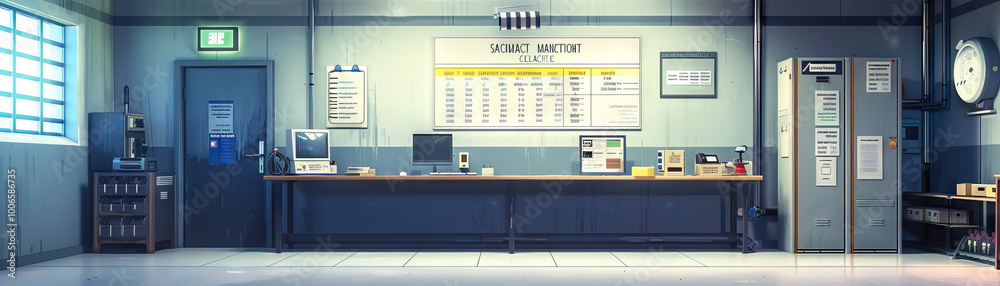 Maintenance Staff Room Wall: Covered in safety guidelines, equipment maintenance schedules, and a board with maintenance requests. Maintenance Staff Room Wall: Covered in safety guidelines, equipment maintenance schedules, and a board with maintenance requests.