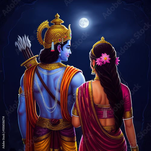 Lord ram and sita in ayodhya, Hindu god, Indian culture. Fantasy night lighting, perfect art.