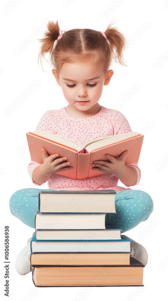 Reading girl sitting on books, immersed in story with joy isolated white background, transparent background. Reading girl sitting on books, immersed in story with joy isolated white background, transparent background.