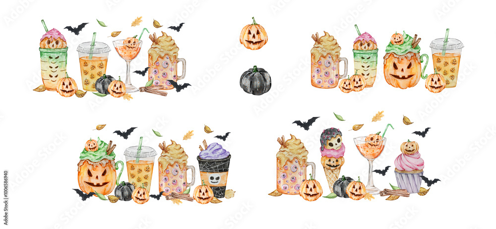 Fototapeta premium Watercolor Cute Halloween Drink set For Party Design