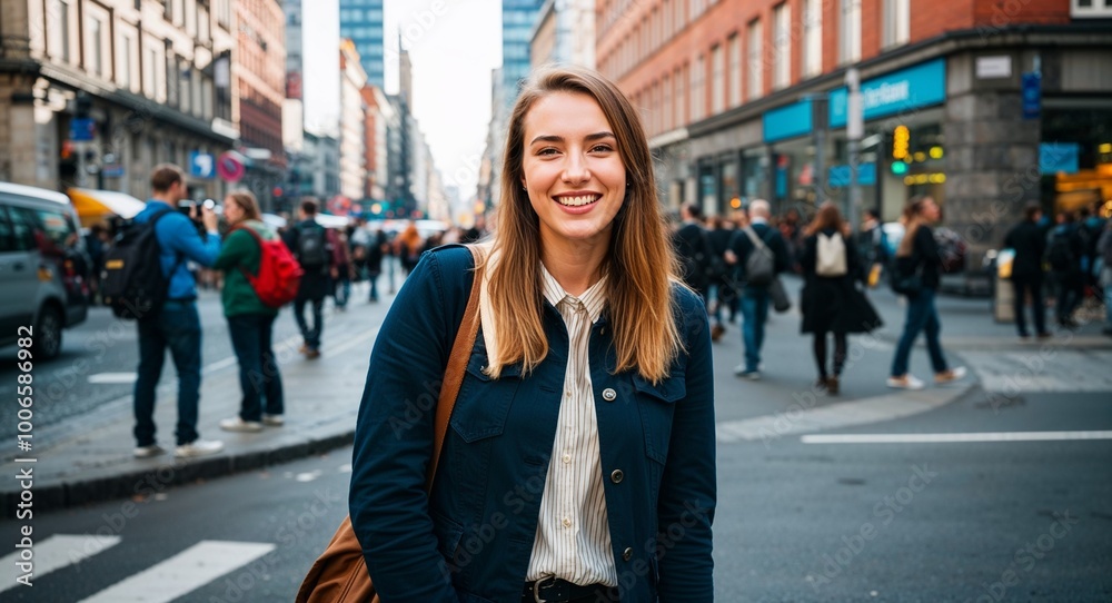 Smiling young German female student in a busy street corner of the city posing for the camera Smiling young German female student in a busy street corner of the city posing for the camera