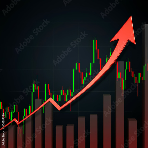 Up-down red arrow represents a market crash and just started growing again with a business graph financial concept