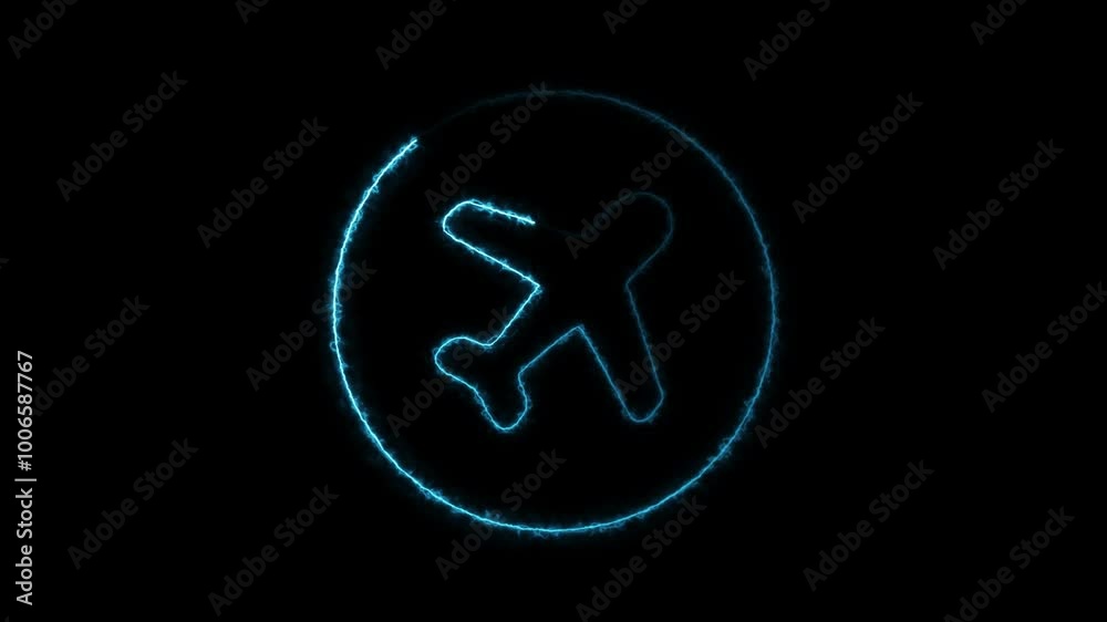 Glowing neon plane sign icon animation. Personal airplane, private jet, air journey and transportation, flight. Glowing neon plane sign icon animation. Personal airplane, private jet, air journey and transportation, flight.