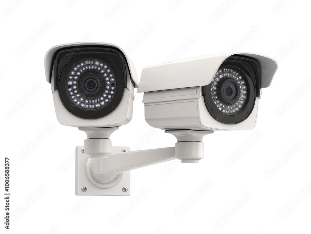 Surveillance cameras mounted on wall for security monitoring isolated white background, transparent background. Surveillance cameras mounted on wall for security monitoring isolated white background, transparent background.