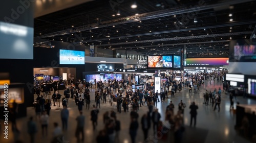 Attendees engage with booths and displays at a tech convention, surrounded by large screens showcasing the latest products and innovations