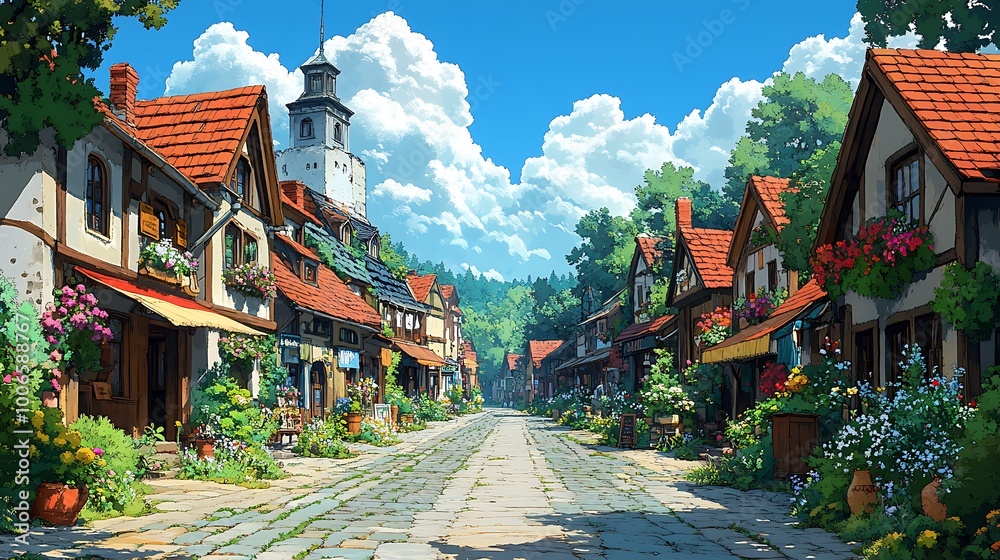 Fototapeta premium Charming cobblestone street in a quaint European town with colorful houses, lush greenery, and a clear blue sky