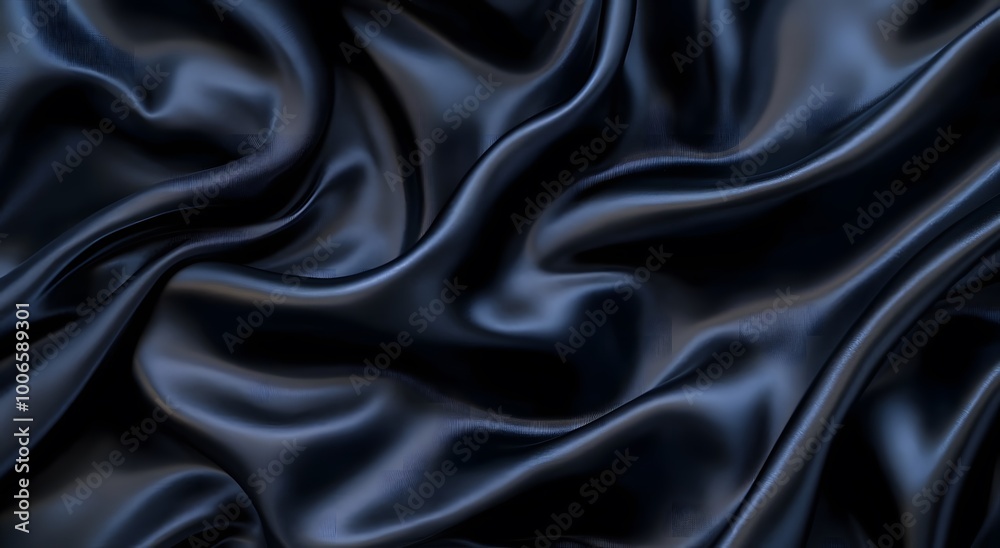 Black satin fabric, an elegant and luxurious background. Dark silk texture. Black cloth background. Black silk satin fabric with waves of soft folds Black satin fabric, an elegant and luxurious background. Dark silk texture. Black cloth background. Black silk satin fabric with waves of soft folds