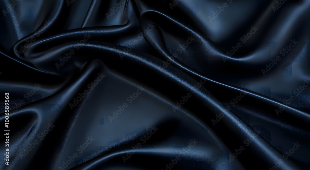 Fototapeta premium Black satin fabric, an elegant and luxurious background. Dark silk texture. Black cloth background. Black silk satin fabric with waves of soft folds