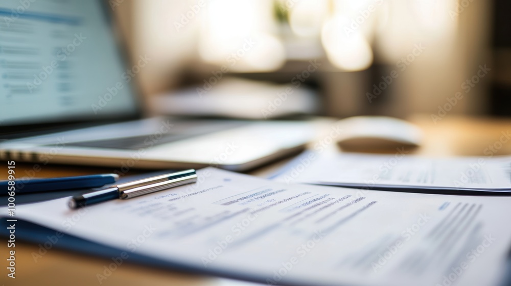 Businessman reviewing contract or invoice with laptop in the background Businessman reviewing contract or invoice with laptop in the background