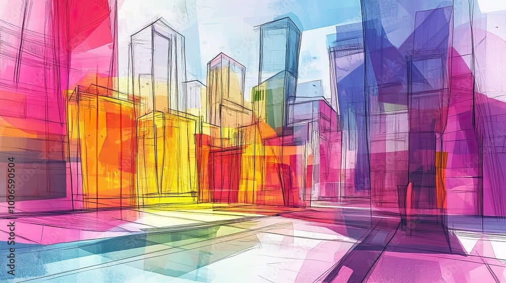 Fototapeta premium A lively illustration showcases a city alive with energy, filled with colorful skyscrapers reflecting the sunset