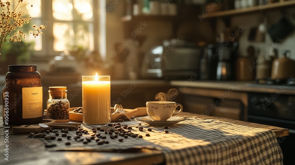 A cozy kitchen table with morning sunlight streaming in, featuring an elegant candle and coffee set on the side.