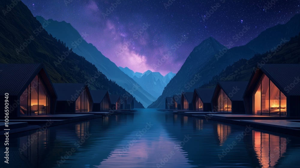 Fototapeta premium Serene night landscape with mountain reflections, starry sky, and cozy cabins by tranquil water, creating a peaceful atmosphere.