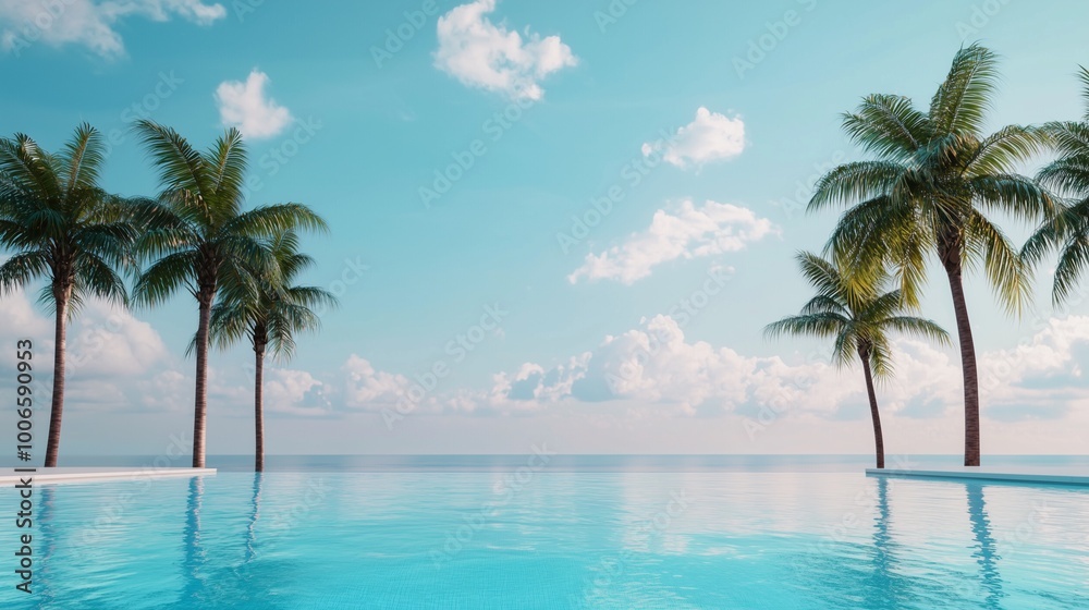 Fototapeta premium Serene poolside view with palm trees and a clear blue sky, perfect for relaxation and tropical escape.