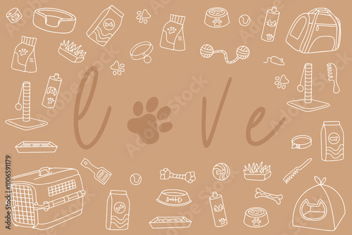 Hand drawn pet shop assortment in doodle style. Vector illustration