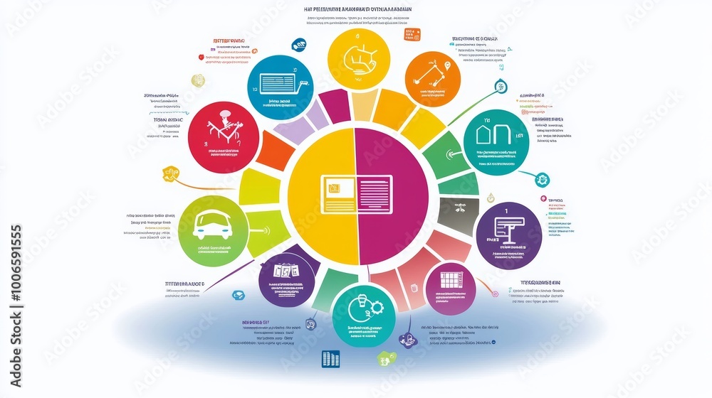 This vibrant infographic features a circle layout with various segments, each defined by unique colors and icons. This vibrant infographic features a circle layout with various segments, each defined by unique colors and icons.