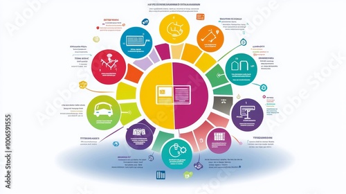 This vibrant infographic features a circle layout with various segments, each defined by unique colors and icons.