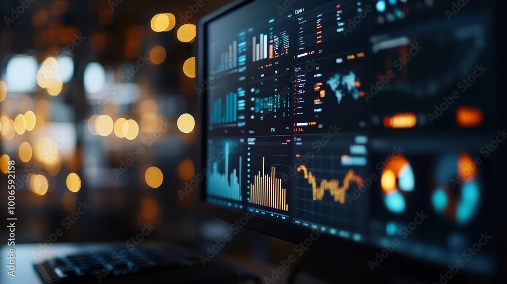 A digital screen displaying an analytics dashboard filled with colorful data visualizations, showcasing various trends and insights in detail. A digital screen displaying an analytics dashboard filled with colorful data visualizations, showcasing various trends and insights in detail.