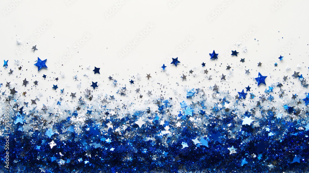 Glittery Christmas blue and silver star border on white backdrop, copy space for text Glittery Christmas blue and silver star border on white backdrop, copy space for text