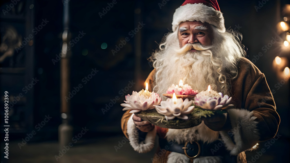 Festive Santa Holding a Krathong Adorned with Floating Flowers - Seasonal Illustration with Ample Copy Space for Holiday Messages Festive Santa Holding a Krathong Adorned with Floating Flowers - Seasonal Illustration with Ample Copy Space for Holiday Messages