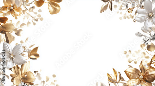 Elegant Christmas gold and silver wreath border on white backdrop, copy space for text
