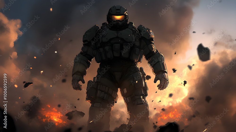 Fototapeta premium A futuristic armored exosuit soldier, standing atop a destroyed enemy mech, his visor glowing as the smoke from the battlefield rises behind him. Exosuit soldier on a battlefield.