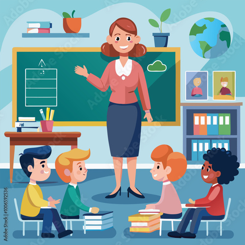 A Teacher Standing in Front of a Chalkboard, Teaching Students in a Lively Classroom Setting Vector art Illustraion 