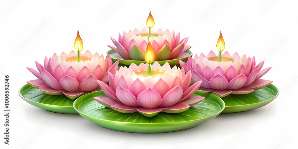 3D Loy Krathong Icon with Floating Gems - Vector Illustration Showcasing Sparkling Details on a White Background 3D Loy Krathong Icon with Floating Gems - Vector Illustration Showcasing Sparkling Details on a White Background