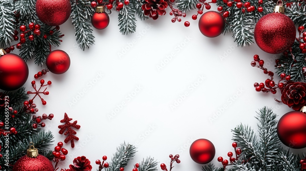 Christmas decoration frame with red ornaments on a white background, presented as a flat lay composition with space for text or product display.