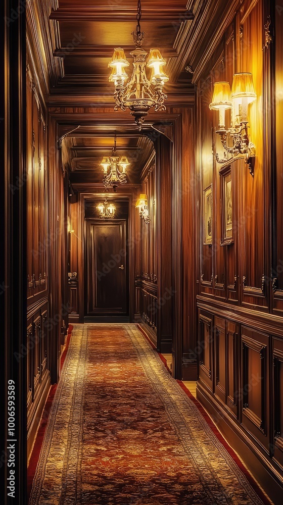 Fototapeta premium A beautifully lit hallway featuring elegant wood paneling and classic chandeliers, exuding a warm, inviting atmosphere.