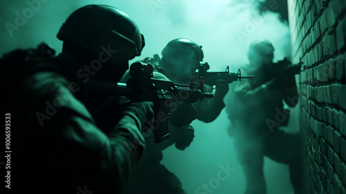A group of elite urban warfare specialists, moving through a smoke-filled alley with their weapons raised, ready to engage enemy forces in a narrow street battle. Urban warfare specialists in a street