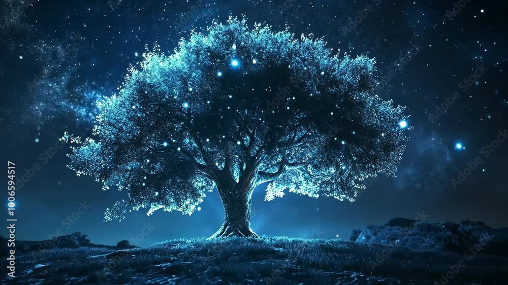 A large tree stands alone in a field under a starry night sky