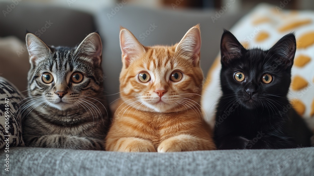 Three cats sitting on the sofa, an orange cat with gray stripes and one black kitten, all looking at the camera Three cats sitting on the sofa, an orange cat with gray stripes and one black kitten, all looking at the camera
