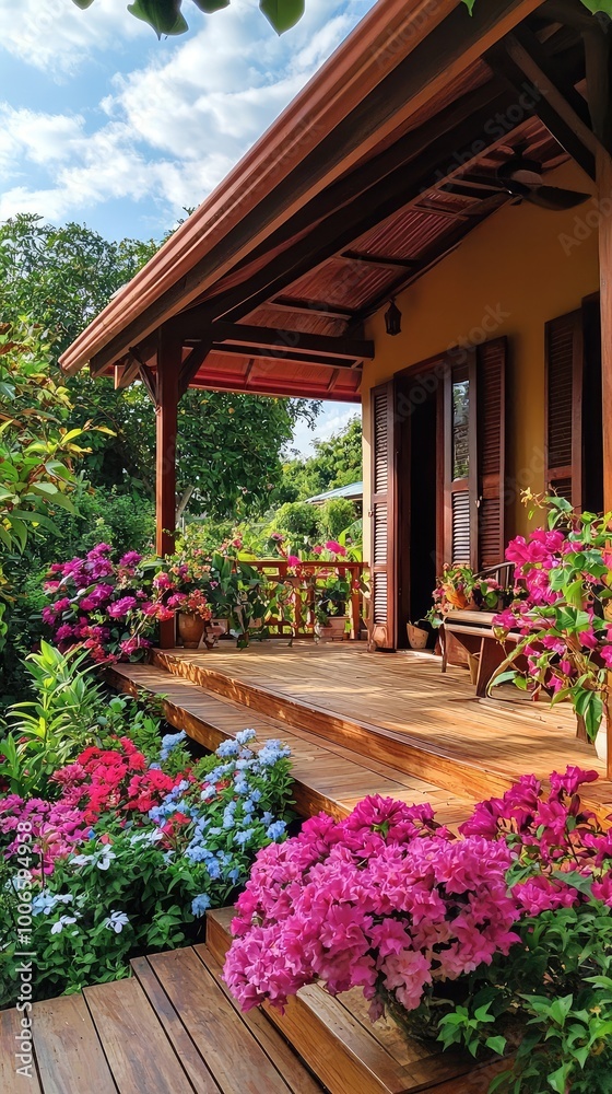 A charming house entrance adorned with vibrant flowers, showcasing a lovely wooden deck and inviting outdoor greenery.